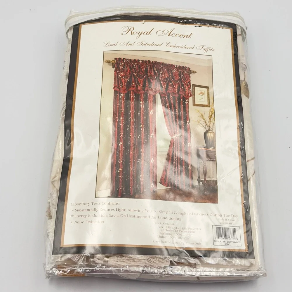 Royal Accent Beige‎ Embroidered Taffeta Fringed Rod Pocket Valance 54x20 Lined